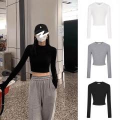 Solid color short base shirt 2025 spring new T-shirt Korean version slim and versatile long-sleeved tops for women