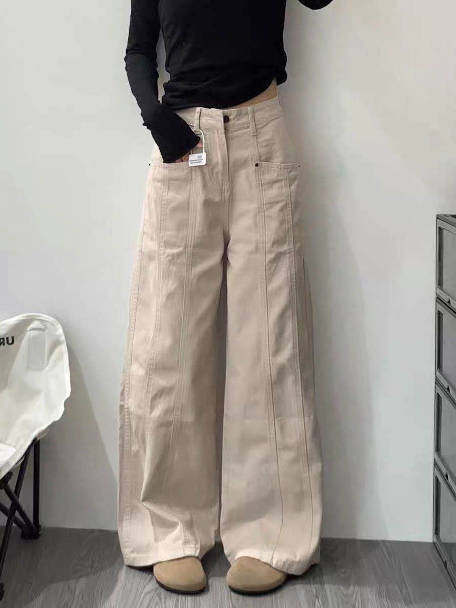 復古杏色闊腿牛仔工裝褲女春秋季高腰寬鬆顯瘦垂感直筒拖地褲子