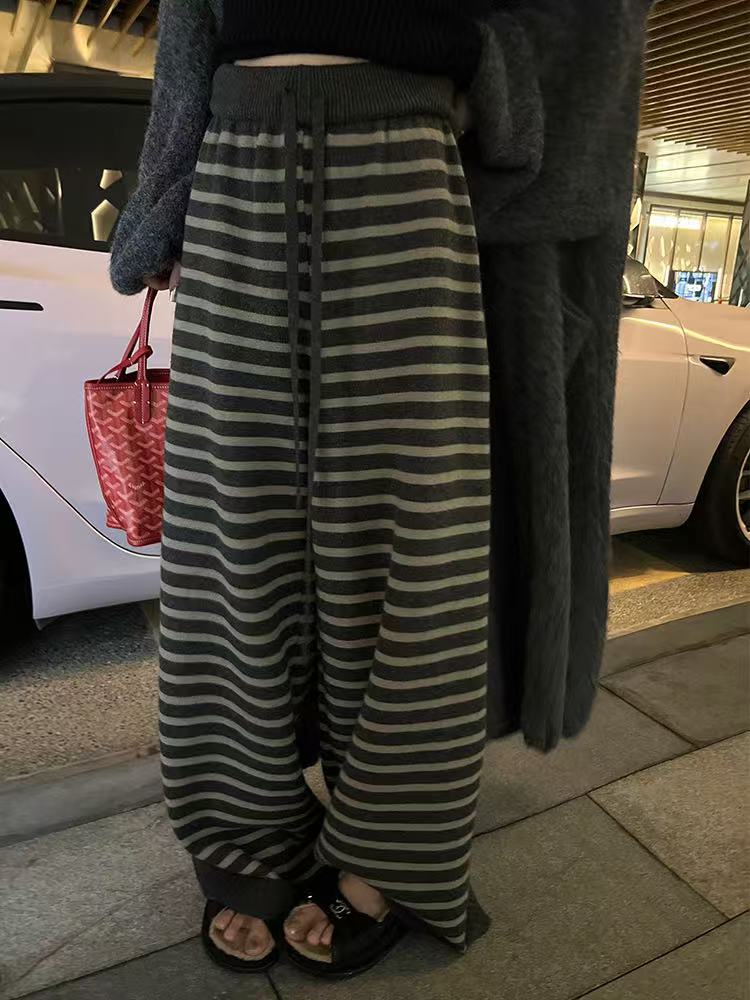 韓系百搭鬆弛感褲子寬鬆bf慵懶風休閒黑白條紋針織直筒闊腿褲女