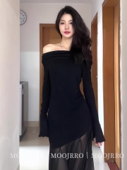 Black one-shoulder mesh long-sleeved dress for women in autumn and winter slim and high-end temperament and sexy inner hip-pack skirt