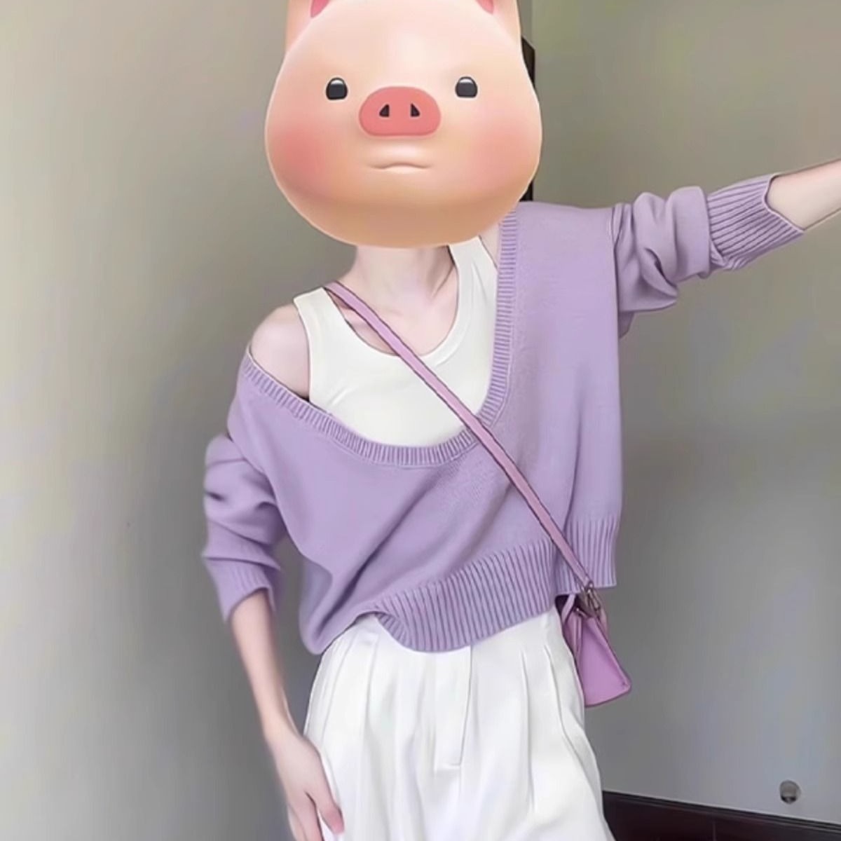 紫色毛衣女外套設計感寬鬆軟糯大U領針織兩件套