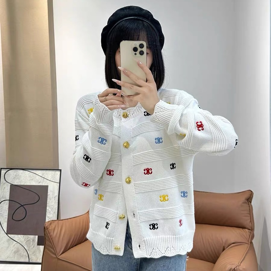 秋新款重工炫彩字母刺繡毛衣開衫百搭小香風圓領長袖針織外套