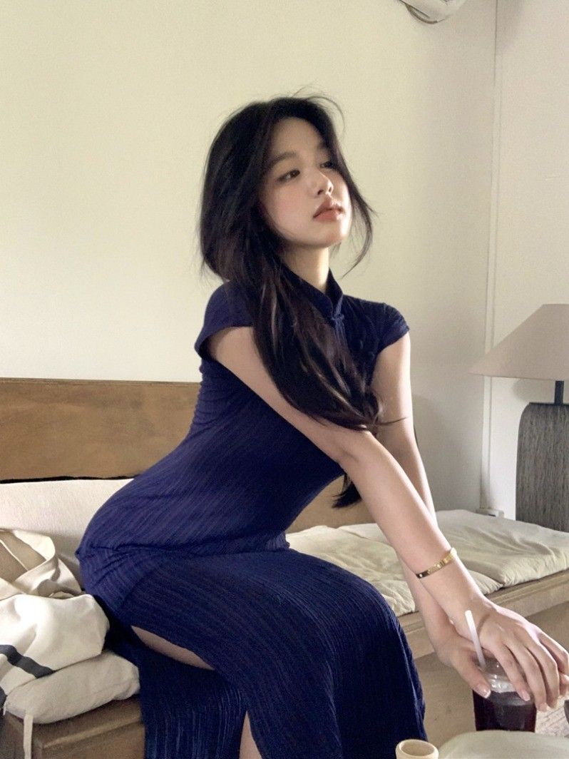新中式女裝改良旗袍長裙赫本風氣質別致國風藏藍色連衣裙子女夏季
