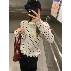 Sweet style white polka dot long-sleeved T-shirt for women in spring temperament age-reducing ruffle base shirt to make them look slim and top