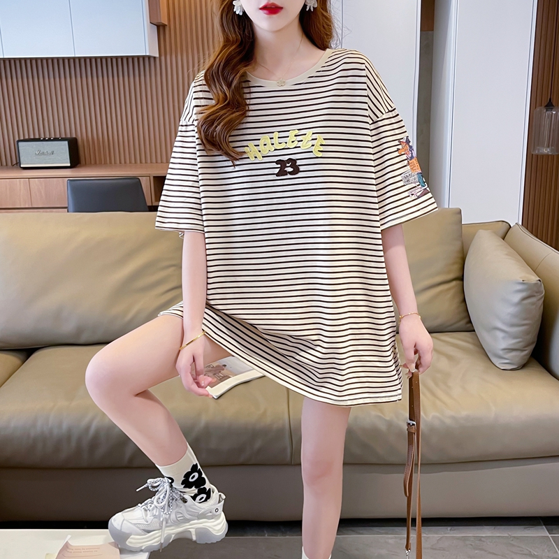 實拍2025夏季100%純棉 韓版中長款條紋刺繡短袖T恤女