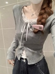 Korean pure bm style fake two-piece long-sleeved T-shirt base shirt for women in autumn and winter high-end lace short top