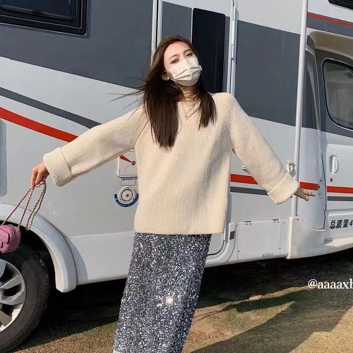 針織毛衣女新款軟糯兩色套頭大毛衣女圓領韓系寬鬆顯瘦上衣