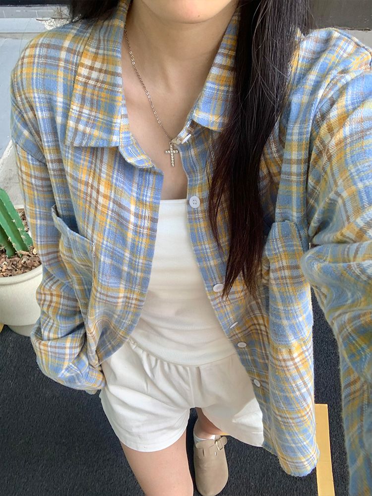 原版質量原版做法 兩個口袋多巴胺甜美奶黃色純棉格子襯衫女