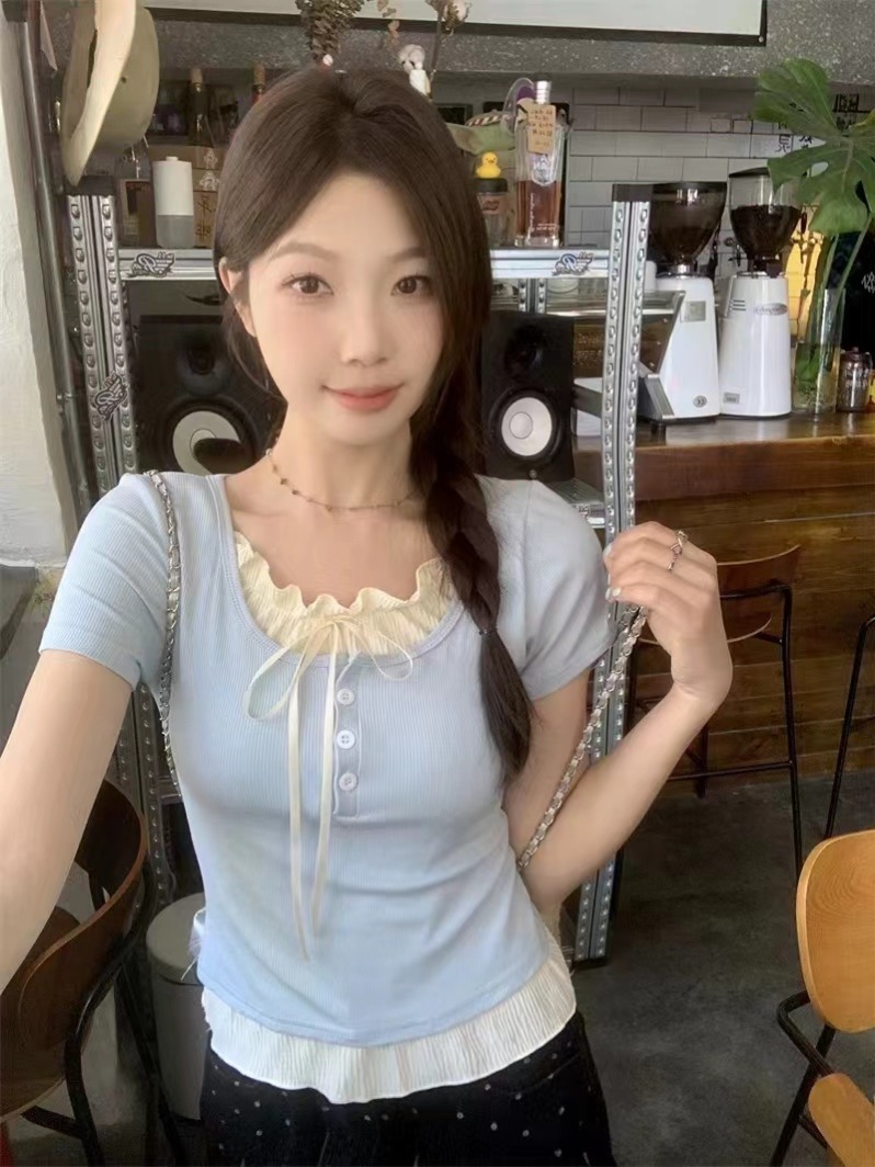 Summer sweet fake two-piece strap short-sleeved knitted T-shirt design slim ballet style pure and beautiful top for women