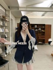 Navy blue sun protection jacket thin long-sleeved shirt for women in autumn loose casual mid-length niche shirt top