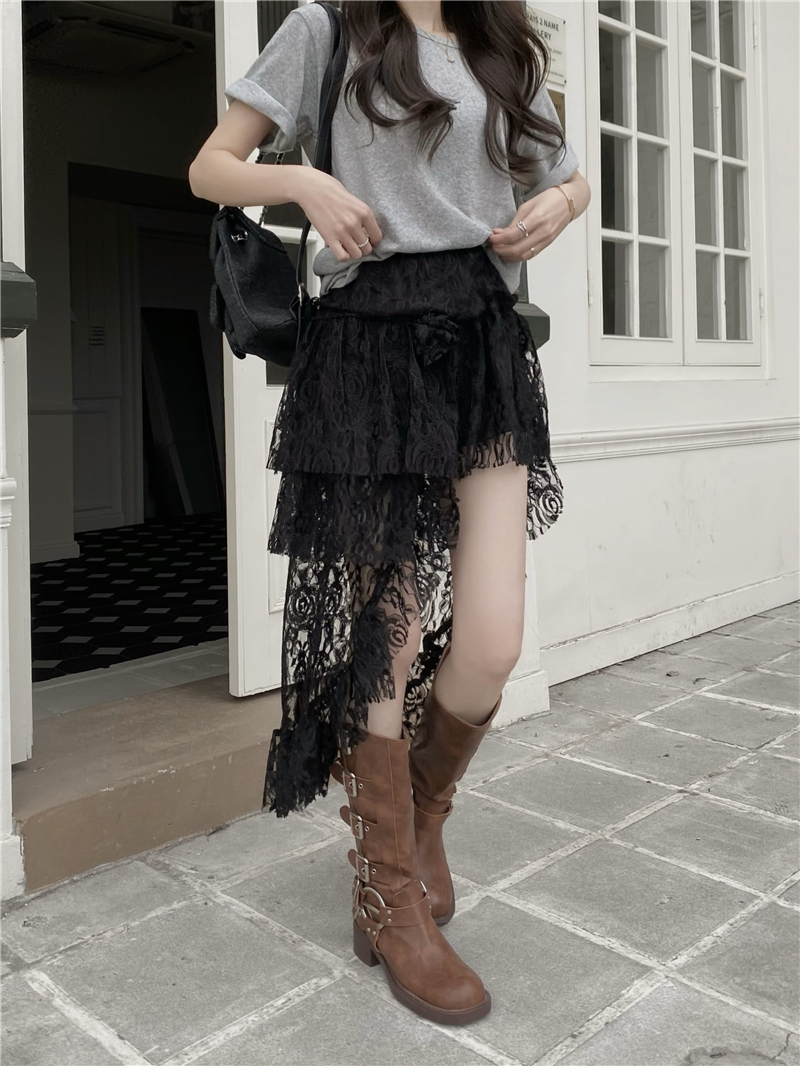Real photo irregular lace skirt for women in spring white cake skirt design high waist midi skirt