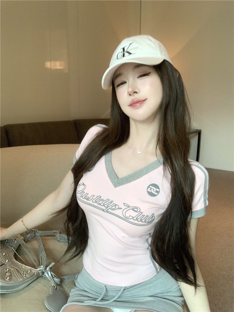 Real shot~ American style V-neck short-sleeved t-shirt for women, summer new slimming shirt 