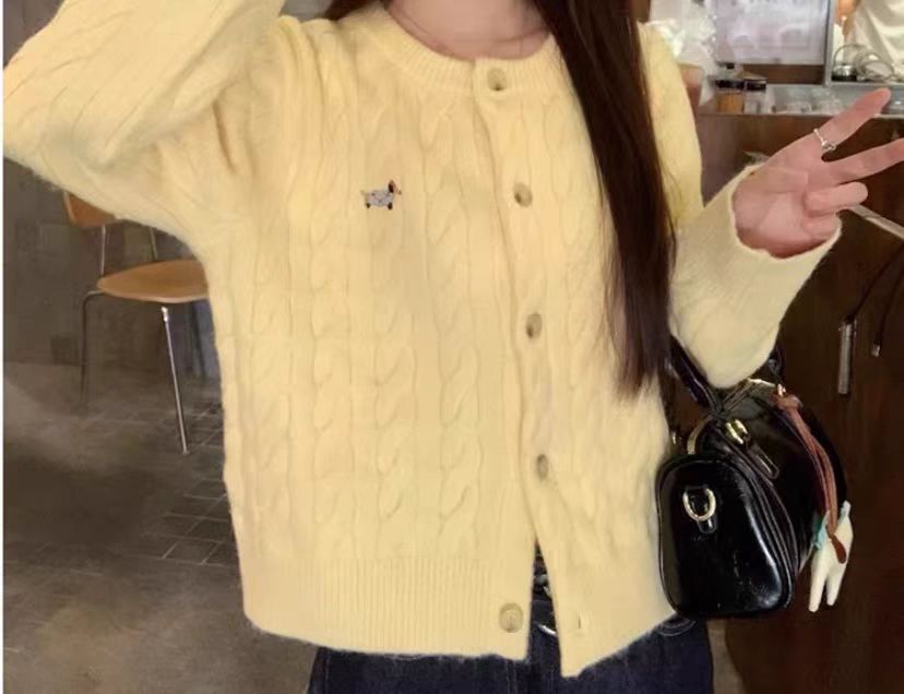 im向 乖乖女穿搭 臘腸狗刺繡羊毛麻花毛衣外套女春圓領針織上衣