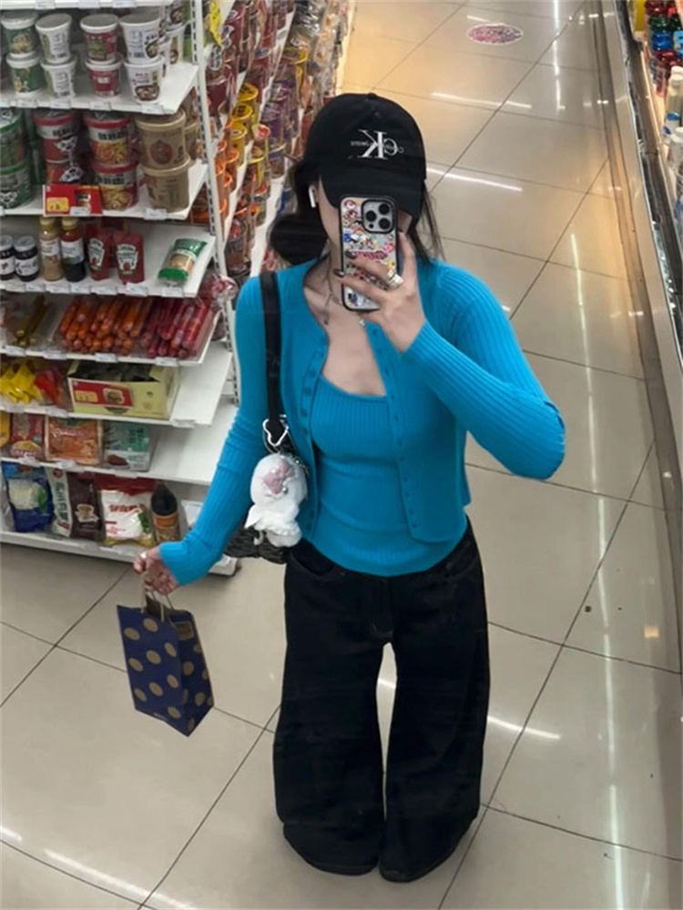 小個子韓版套裝女春季單排扣針織開衫一整套ootd穿搭新款修身背心
