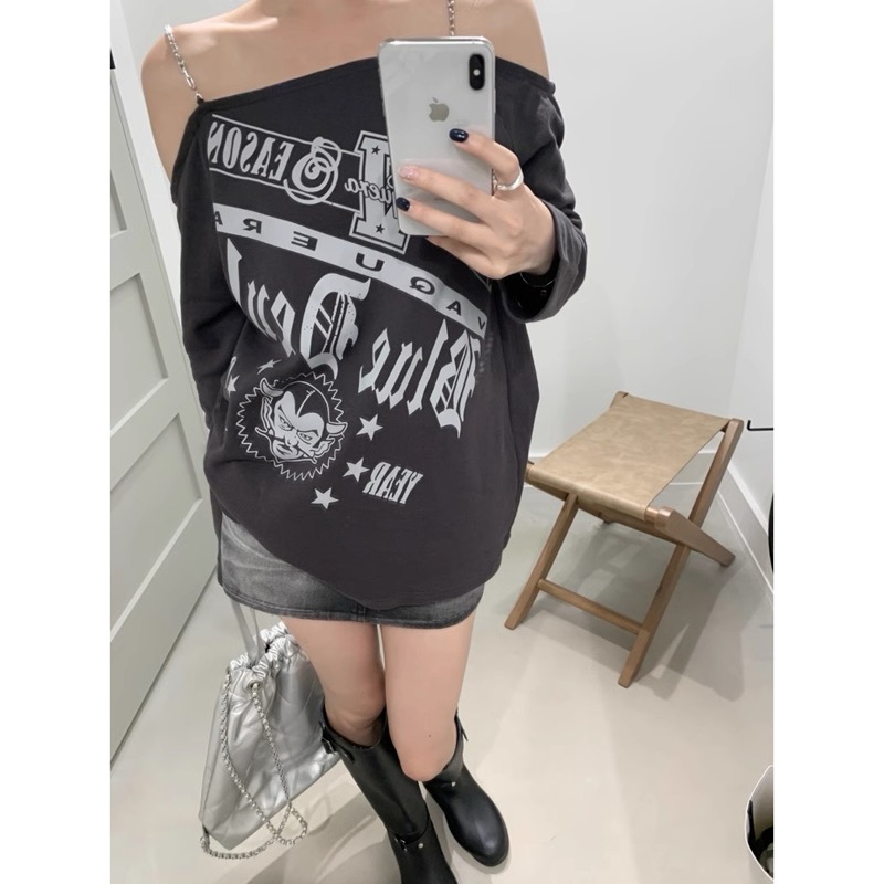 Jinliang official picture + colorful cotton pull-up niche design suspender long-sleeved printed T-shirt off-shoulder top