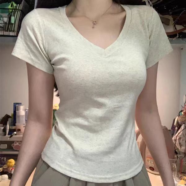 通勤正肩短袖V領t恤女2025夏季修身顯瘦合身百搭灰色彈力上衣