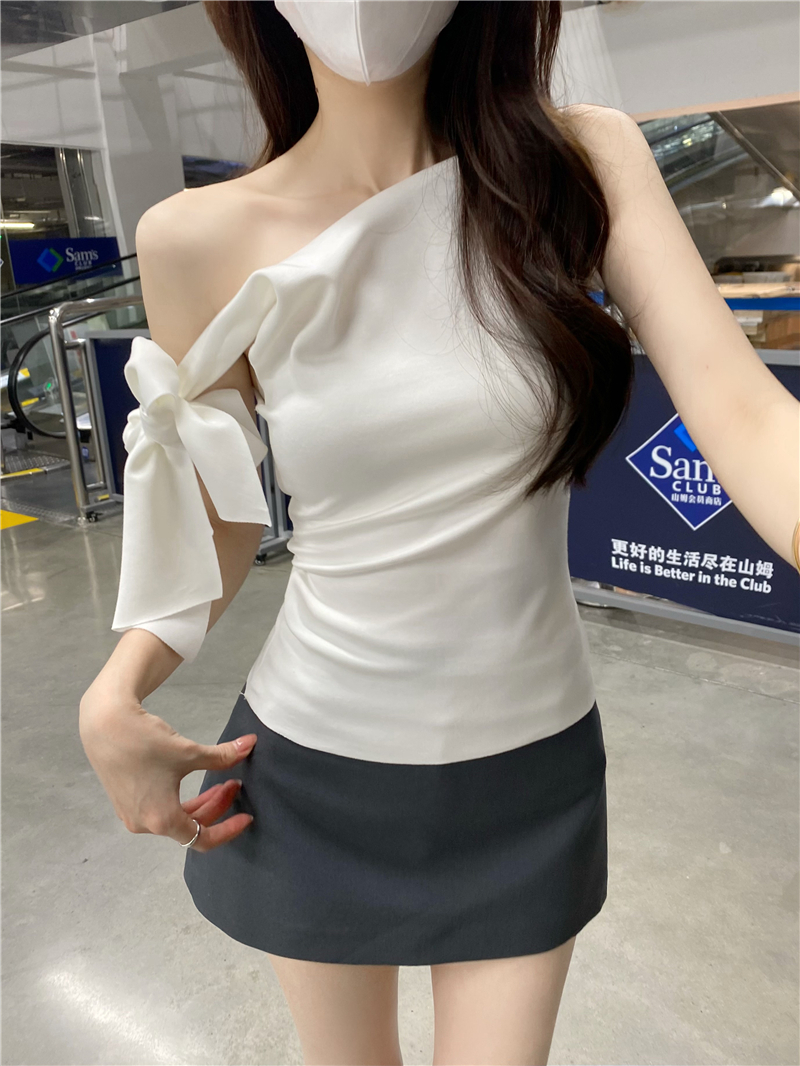 Real shot of summer designer brand French off-shoulder knitted streamer off-shoulder vest T-shirt for women