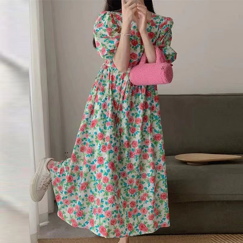 夏季韓版復古玫瑰印花圓領碎花裙女寬鬆顯瘦小個子氣質百搭A字裙