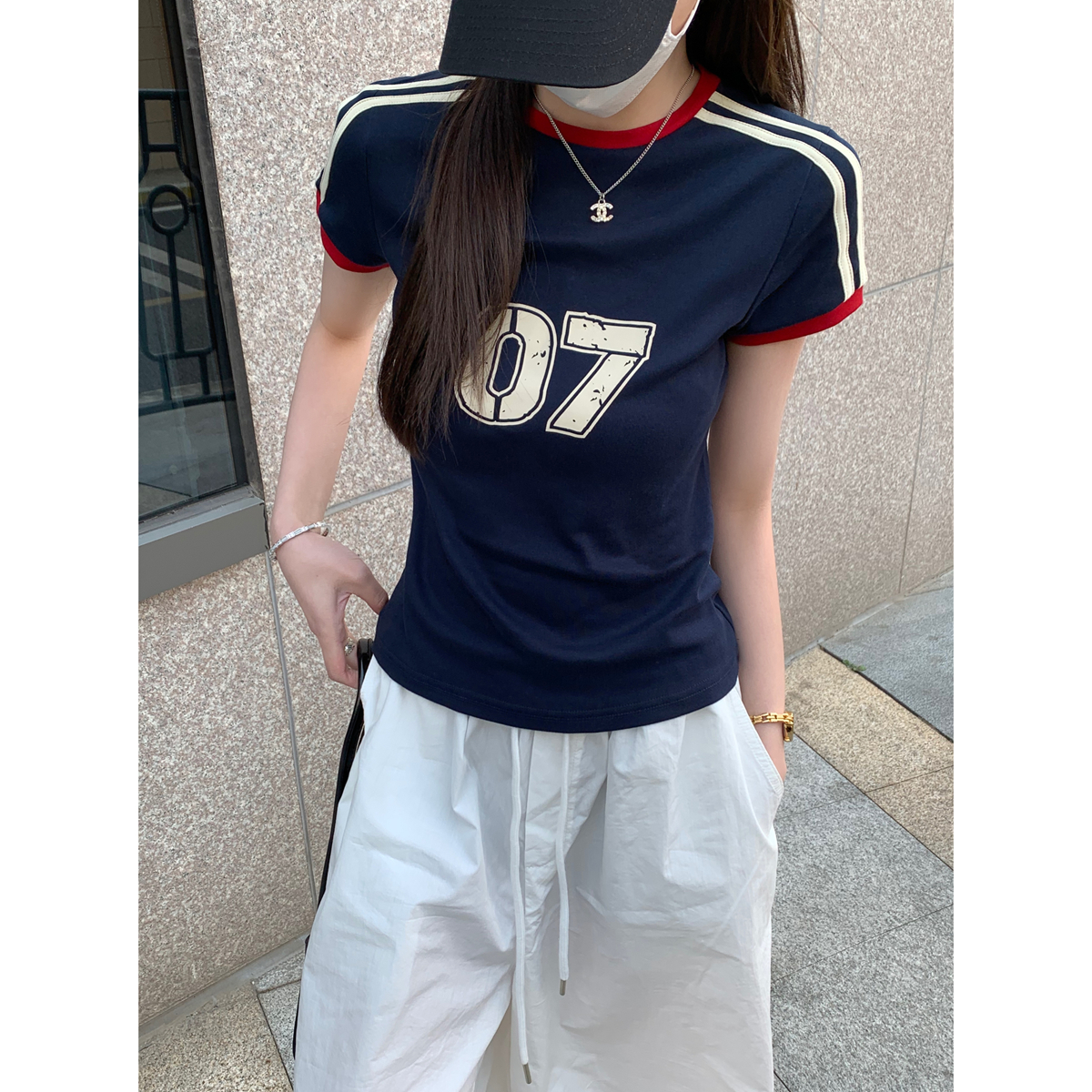Real shot of spring and summer Korean style slim contrasting color bar American digital printed pure cotton short-sleeved T-shirt top