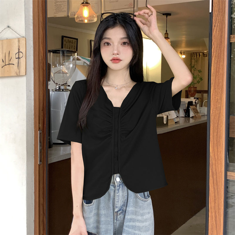 大碼女裝質量短袖t恤女夏季新款不規則半袖體恤V領上衣 M-4XL