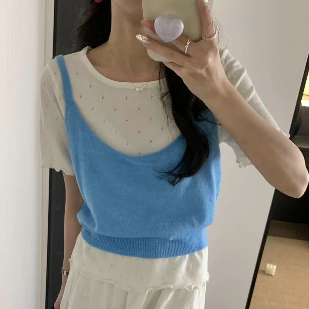 韓系ins春季2025新款甜美撞色木耳邊短袖針織衫+吊帶背心套裝