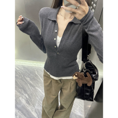 Real shot of early spring Korean version of polo button contrast color fake two-piece temperament 6 wool sweater base sweater