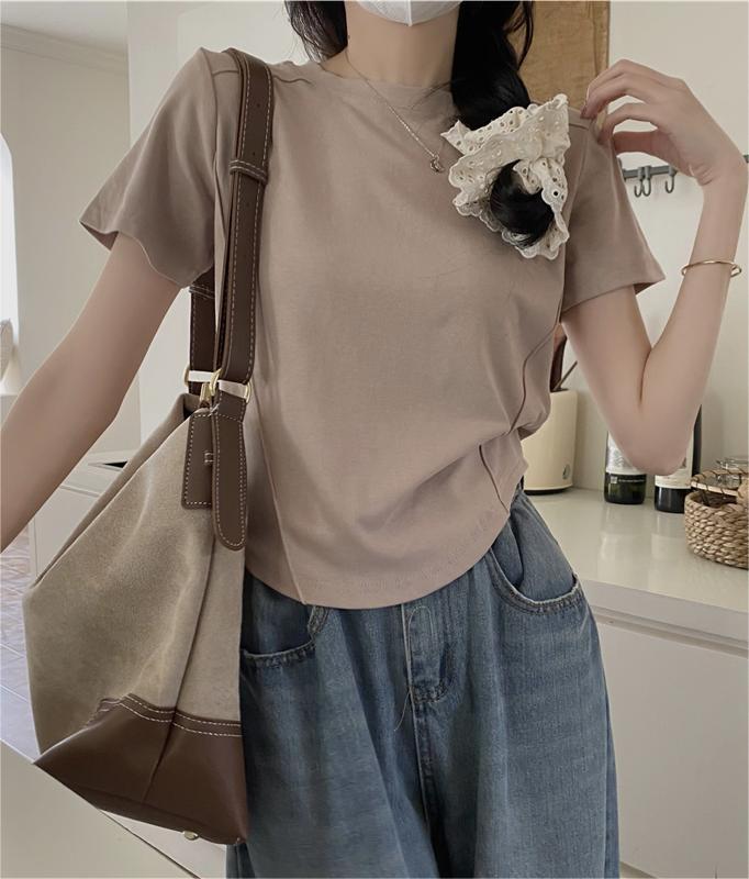 Real shot, design-sensing, fish bone milk apricot color T-shirt round neck ins age-reducing inner layer, short sleeves