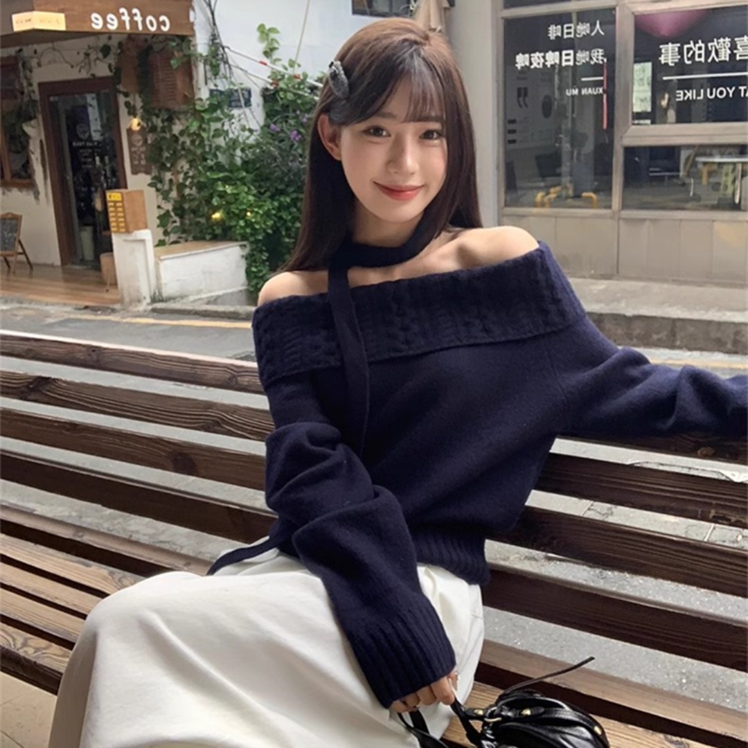 藏藍色一字肩毛衣女秋冬韓系修身顯瘦針織衫高級感純色上衣