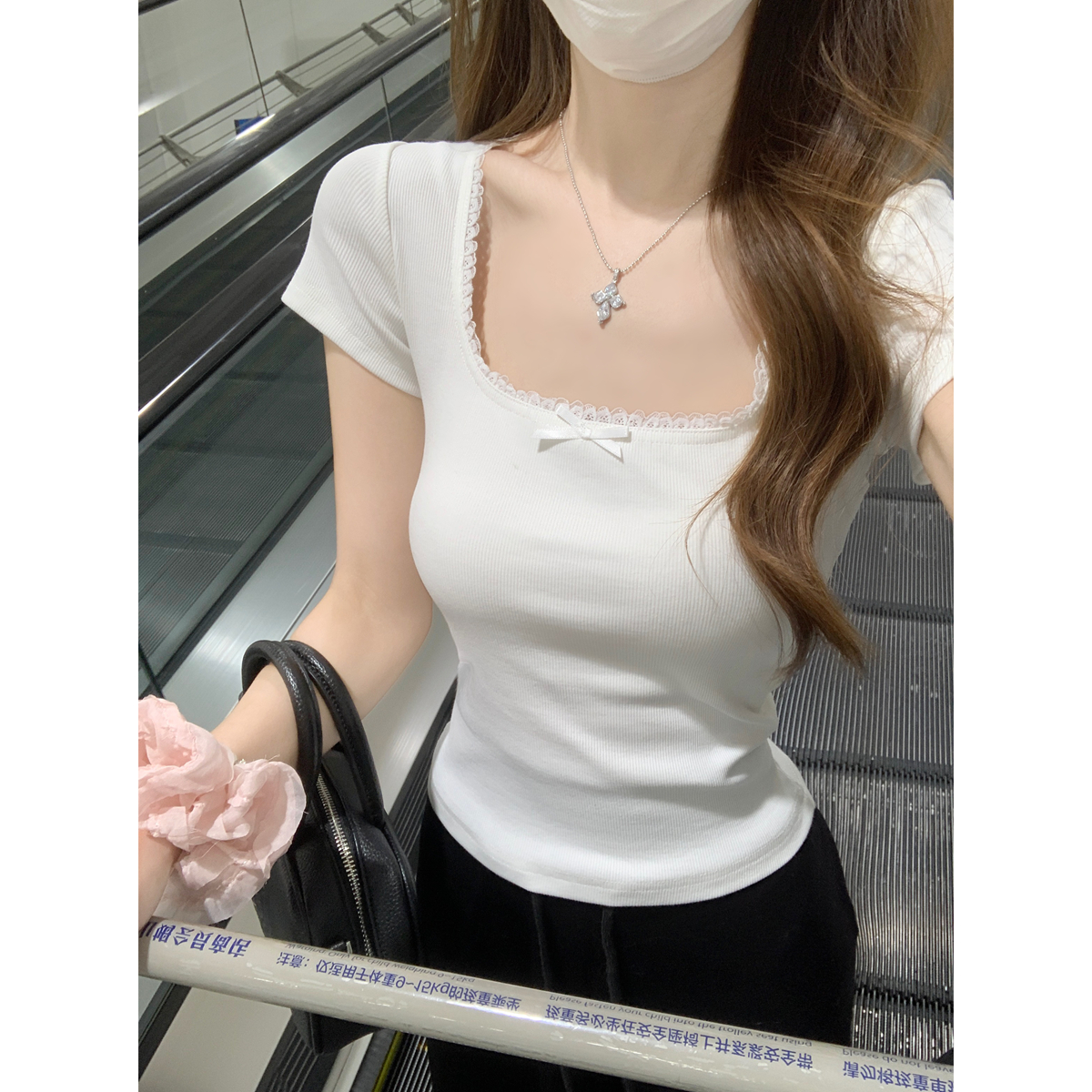 Real shot of spring and summer Korean style square necklace lace border pure sweet bow slim short-sleeved T-shirt top for women