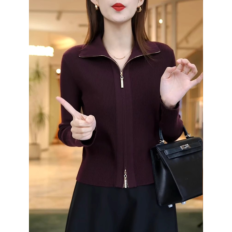 Double zipper lapel long sleeve knitted cardigan jacket 2025 spring and autumn new fashionable age-reducing top