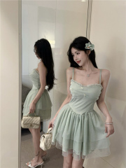 Live shot~ 2025 Summer New Style Ethereal Sheer Mesh Elegant Sexy Sleeveless Princess Braided Tank Dress