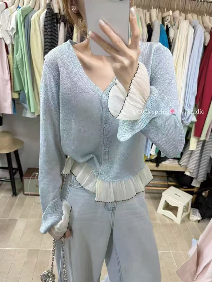 甜系少女感!韓系V領質感荷葉邊拼接針織開衫