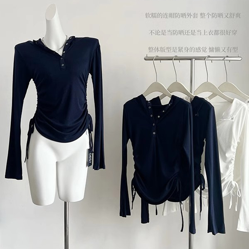 Official picture + original method V-neck hooded sun protection long-sleeved T-shirt pure desire style slim body