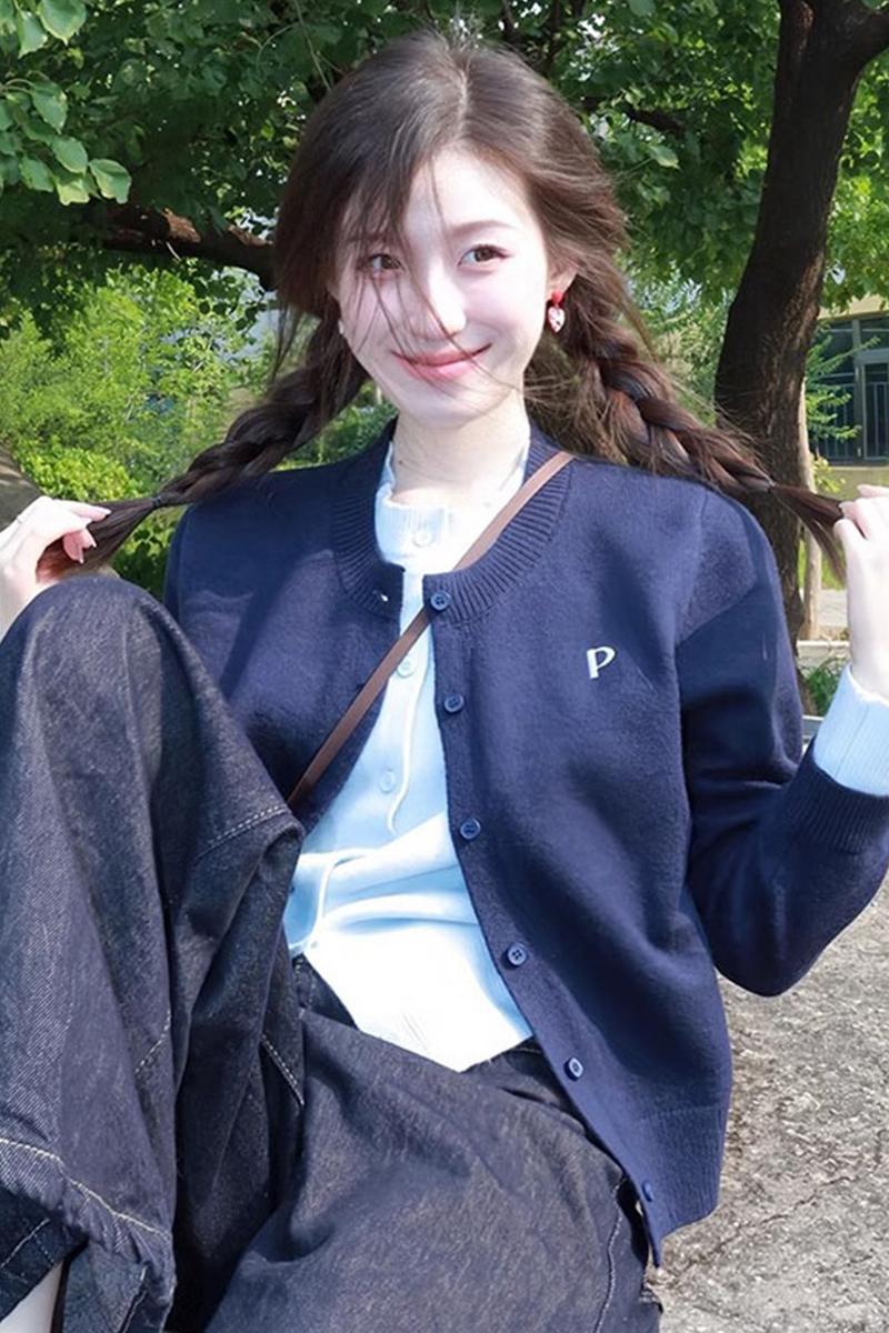藏青色開衫毛衣女春季2025新款超好看拼接圓領針織衫假兩件上衣