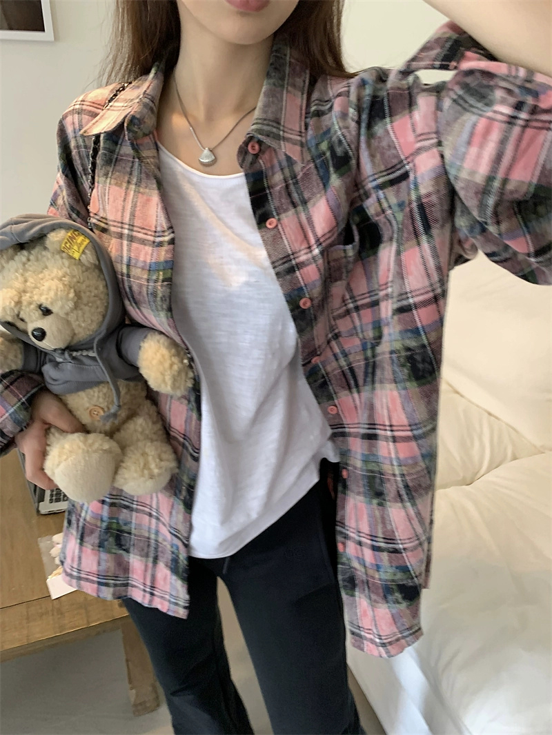 韓版扎染格紋襯衫上衣女2025春季新款復古寬鬆休閒百搭長袖襯衣潮