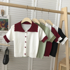 Color-blocked lapel love single-breasted short-sleeved sweater for women in summer Korean version of navel-exposed short base top