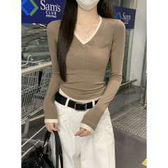 Real shot of early spring Korean version contrasting color V-neck slim temperament versatile slim look modal base shirt long-sleeved T-shirt