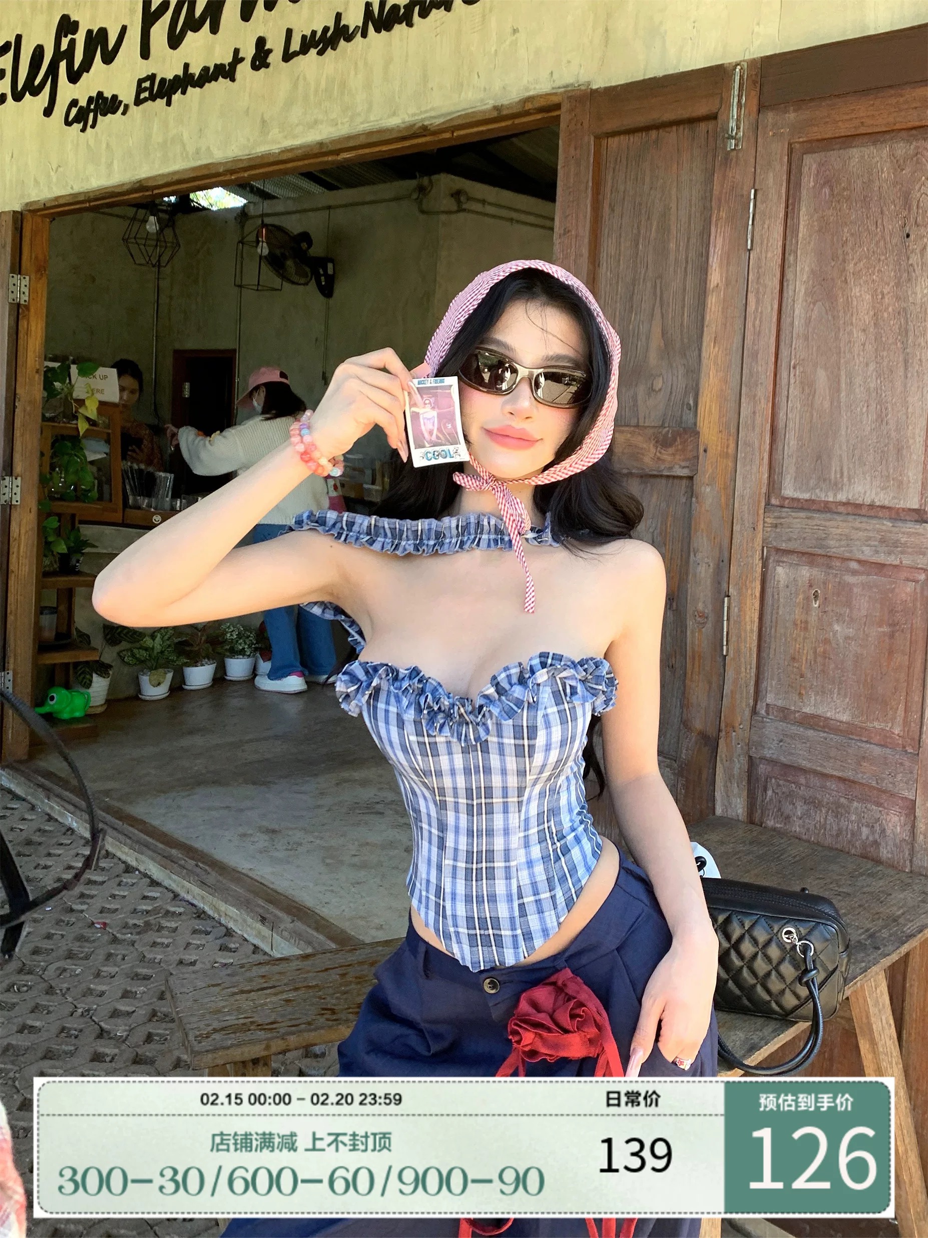 灰塵鄧鄧 開春穿搭套裝女2025新款格紋抹胸上衣胸衣褲子兩件套