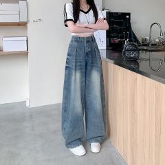 實拍~美式復古高腰褶皺闊腿牛仔褲女高街寬鬆垂感拖地長褲子