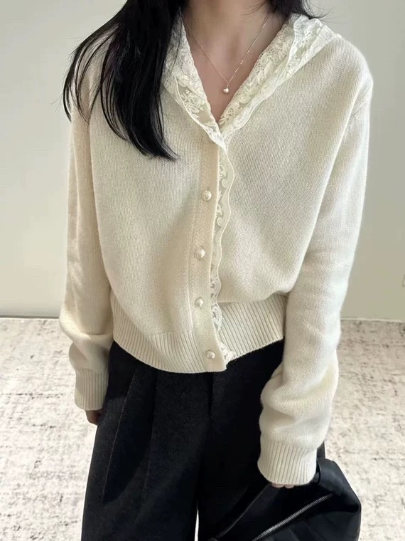 撞色蕾絲連帽針織開衫女2025年新款秋季毛衣休閒百搭減齡長袖上衣