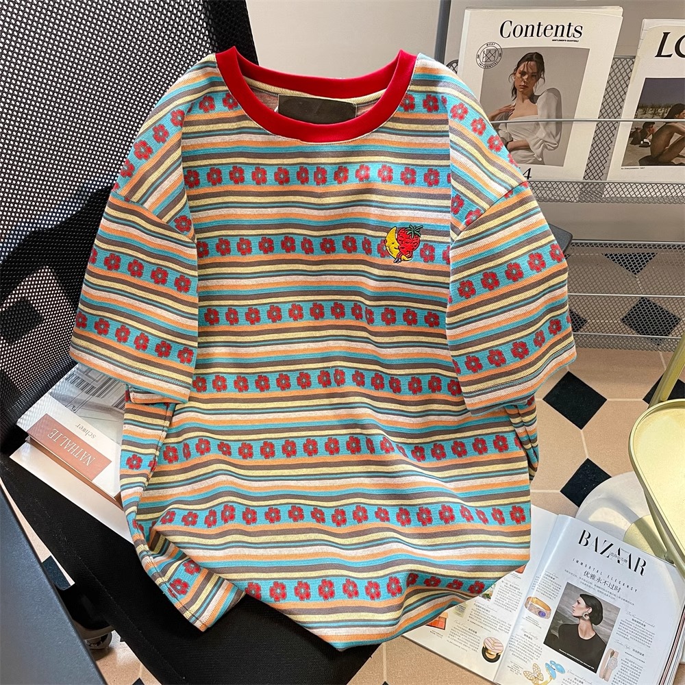 刺繡原版布料特大碼240斤撞色條紋百搭多巴胺短袖t恤女