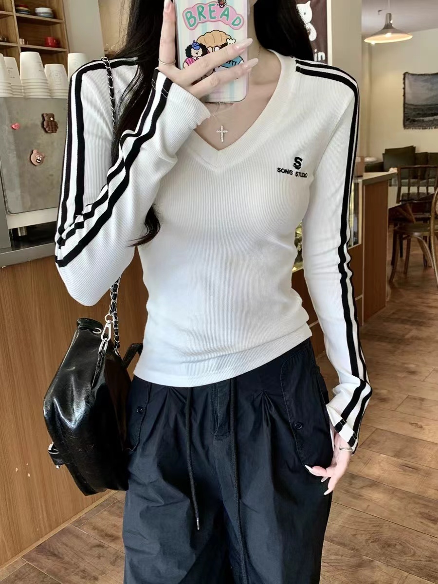 40支純棉白色條紋V領長袖t恤女初秋修身內搭打底衫短款上衣