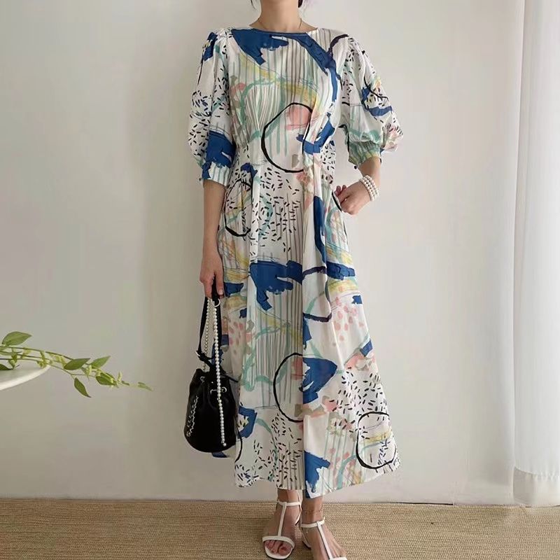 韓國chic夏季小眾減齡圓領塗鴉印花設計壓褶收腰泡泡袖連衣裙長裙