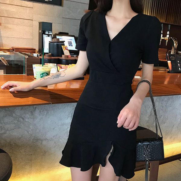 不規則連衣裙女裝夏新款韓版女裝修身V領短袖小黑裙高腰包臀裙子