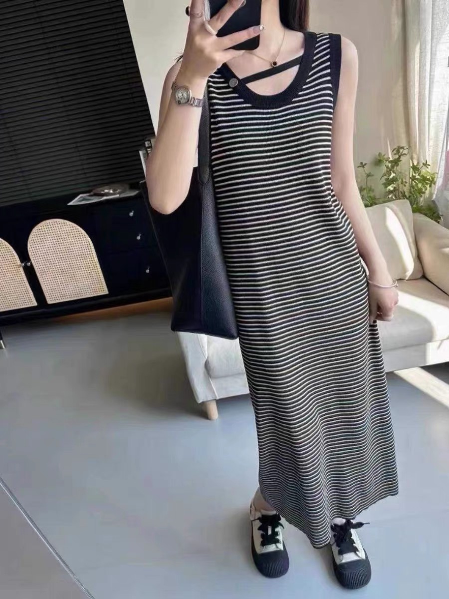 條紋吊帶連衣裙女夏季新款韓版甜美風內搭圓領長裙無袖背心裙