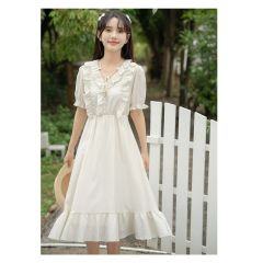 White waist-cinched dress with lotus leaf edge, women's summer 2025 new style, forest system, youthful short dress, small figure, height-enhancing