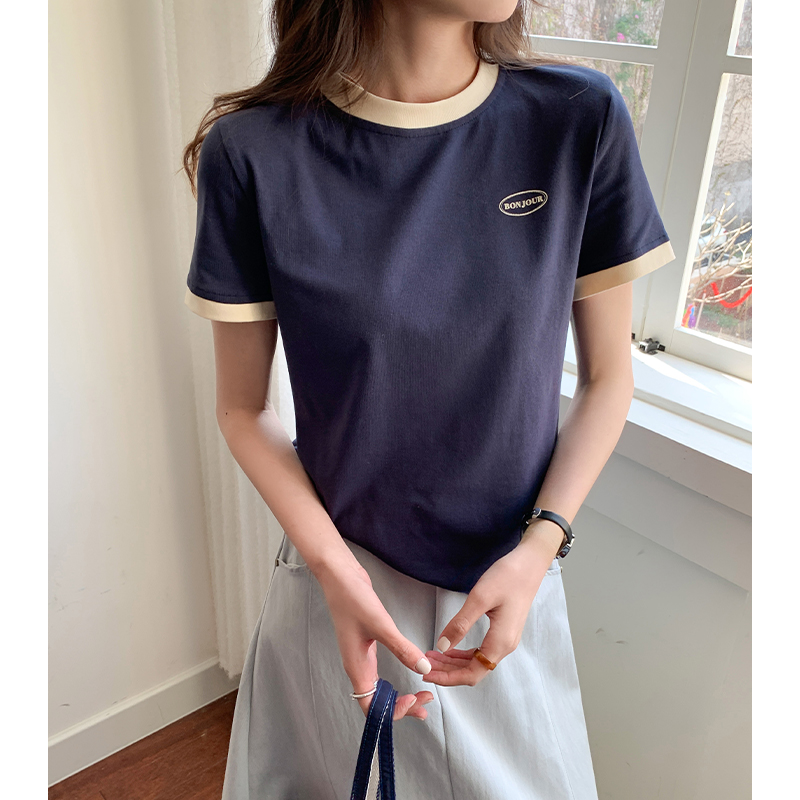 Pure cotton front shoulder short-sleeved T-shirt for women in summer 2025 new round neck loose letter printed top shirt
