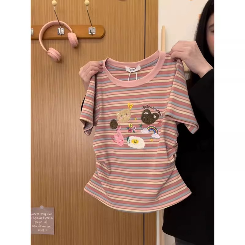 刺繡原版布料學院風卡通條紋拼色正肩甜妹短袖T恤女