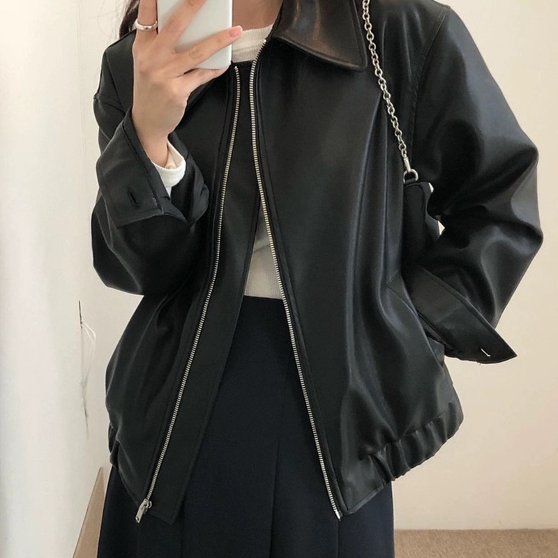 2025 Spring Fashion Personal Stylish Zipper Collar Design Loose Casual Long-Sleeve Motorbike Jacket Leather Coat for Women