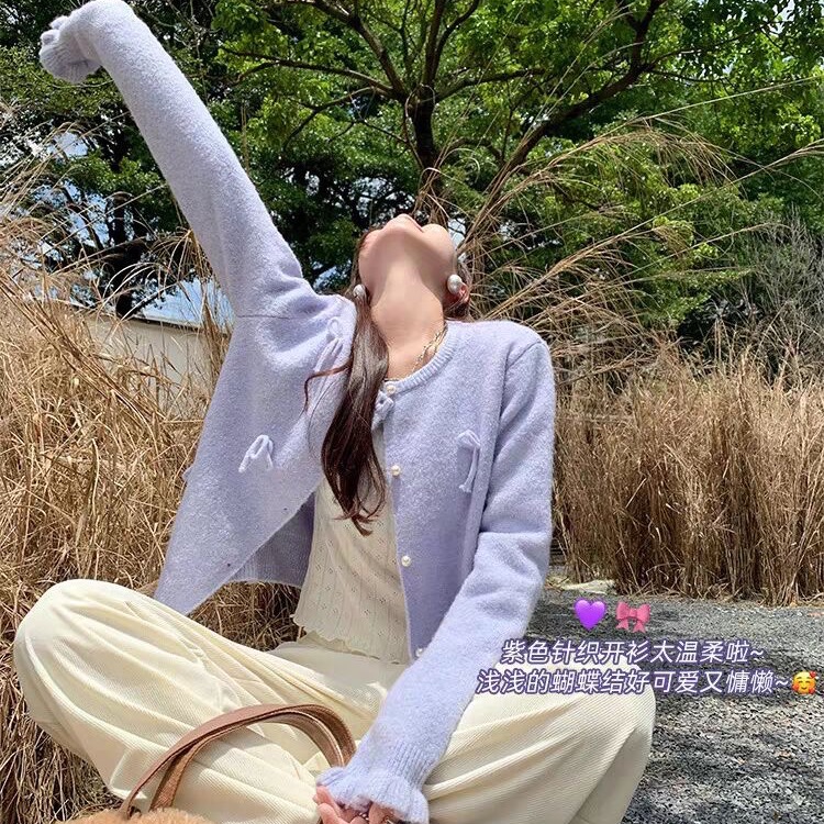 紫色溫柔甜美蝴蝶結圓領針織開衫上衣女春季顯瘦針織外套